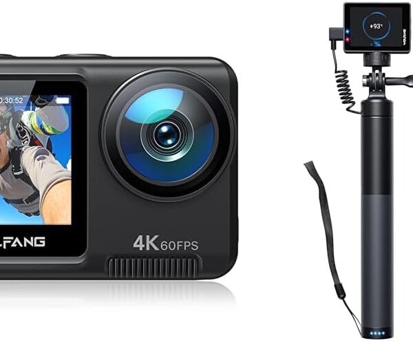 WOLFANG GA420 Caméra Sport 4K 60FPS + Selfie Stick Rechargeable – Vidéo Ultra HD, Stabilisation et Accessoire Pratique